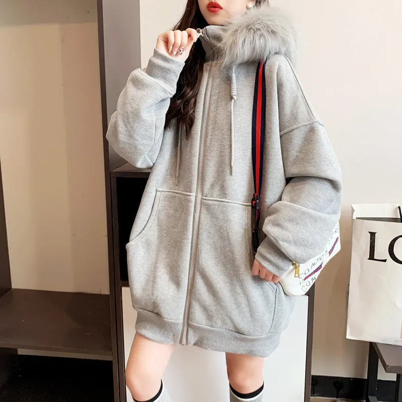 Plus size fleece-lined hooded cardigan sweater in black, loose fit with long sleeves