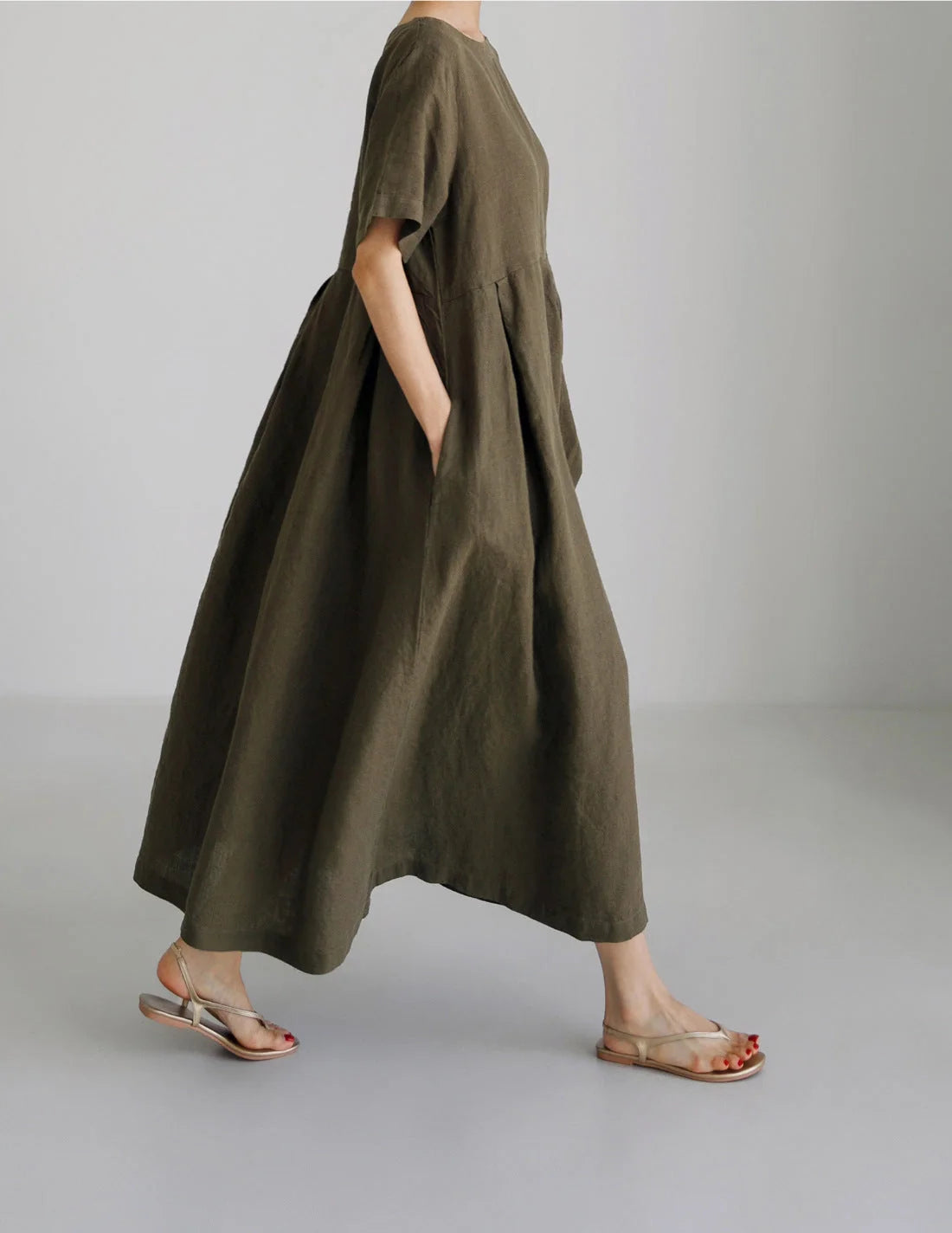 Loose cotton and linen pullover round neck dress in navy blue, army green, and apricot