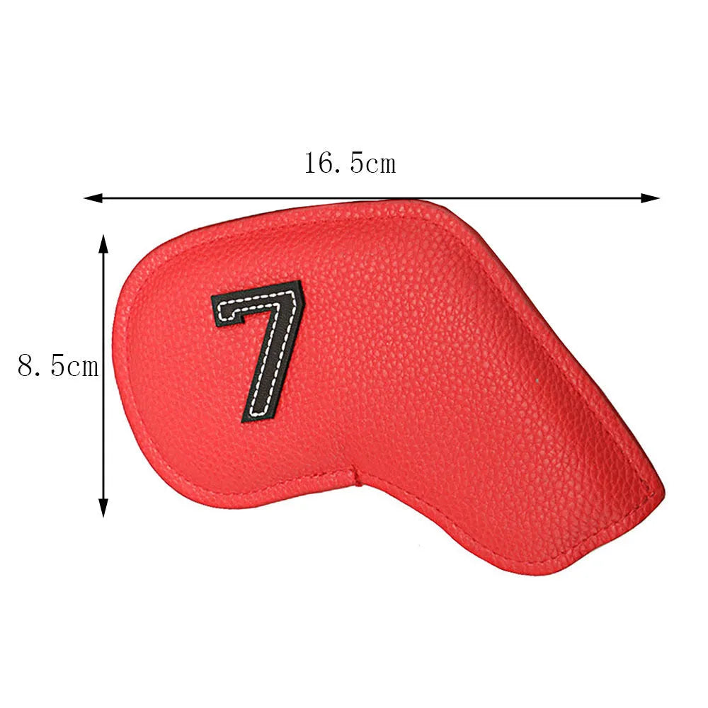 Set of 10 colourful digitally printed PU golf club headcovers for drivers, woods, and irons.