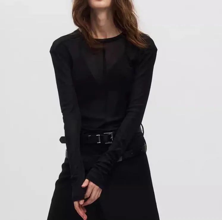 Black slim-fit long sleeve mesh pullover top with a round neck collar.