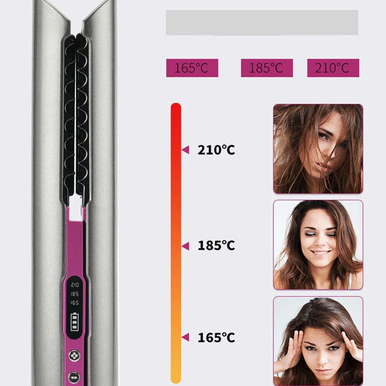 Purple USB hair straightener comb with ceramic heating plates and three temperature settings