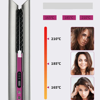 Purple USB hair straightener comb with ceramic heating plates and three temperature settings