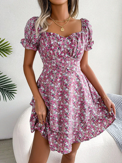 Stylish floral mini dress with ruffled hem, high waist, and short sleeves in various colors