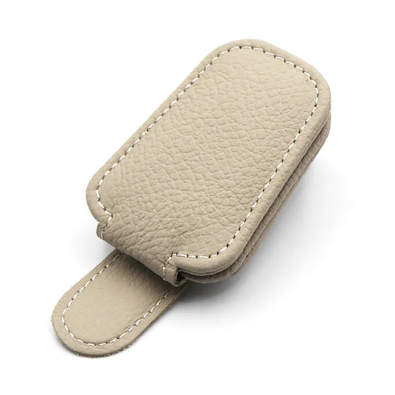 PU leather car sunglasses clip holder attached to vehicle sun louver for glasses storage