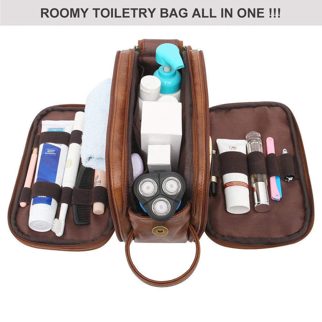 Men's black and brown Pu toiletry bag for travel cosmetic storage.
