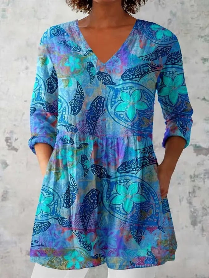 Women's slim-fit long-sleeve top with a retro digital print pattern in a colour style option.