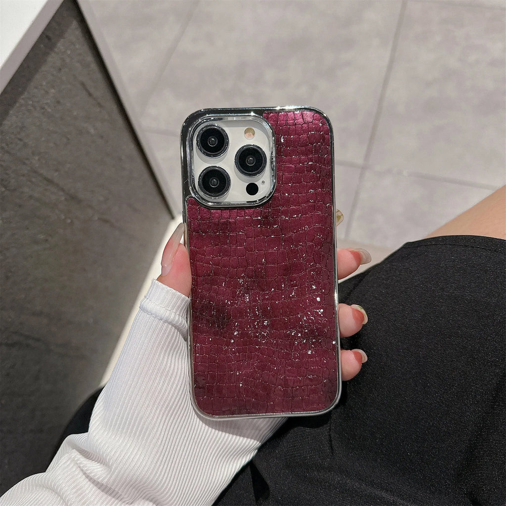 Advanced anti-fall phone case for iPhone 11-16 series, glossy crocodile pattern imitation leather, black colour