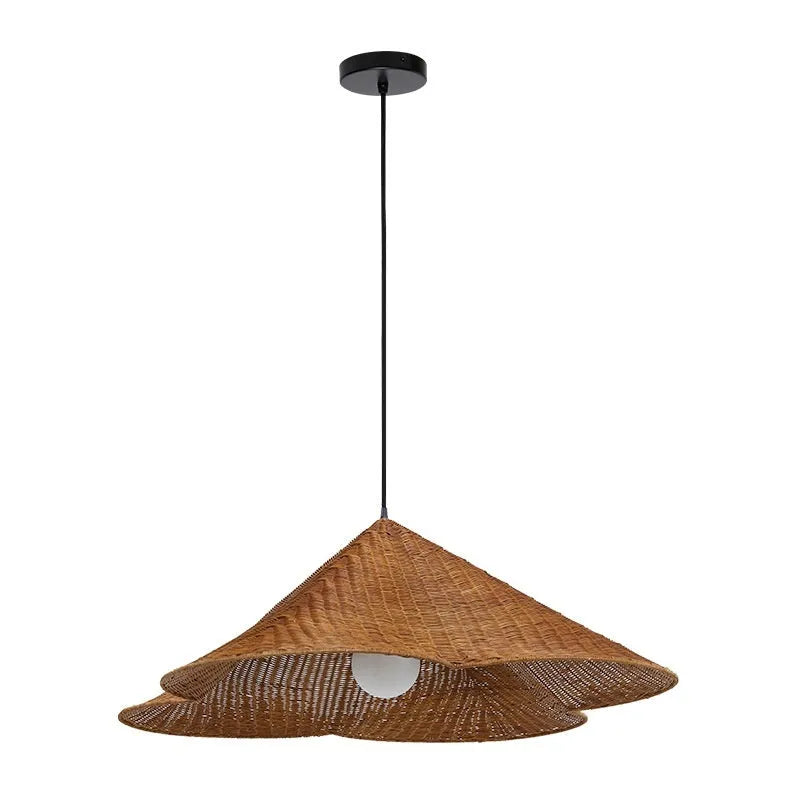 Silent Style rattan woven ceiling lamp in natural colour, shown in a zen-inspired room setting.