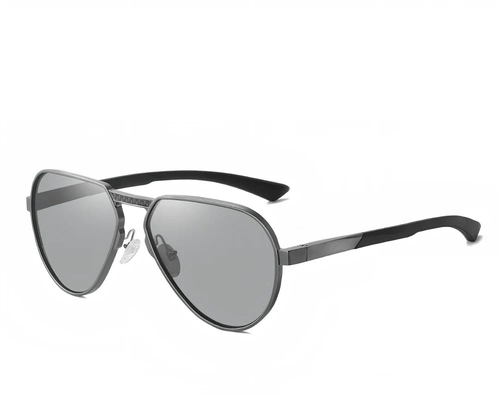 Large frame polarised glasses in black alloy with gray TAC lenses, reducing glare by 99% for clear vision