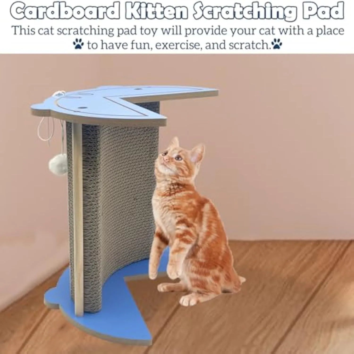 Grey cardboard corner cat scratching pad with hanging ball against a white wall.