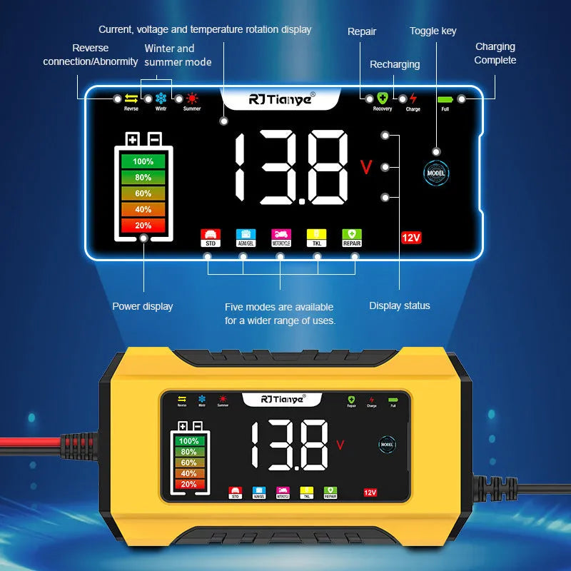 LED colour screen digital display automobile battery charger for 12V lead acid batteries with smart touch button and European plug