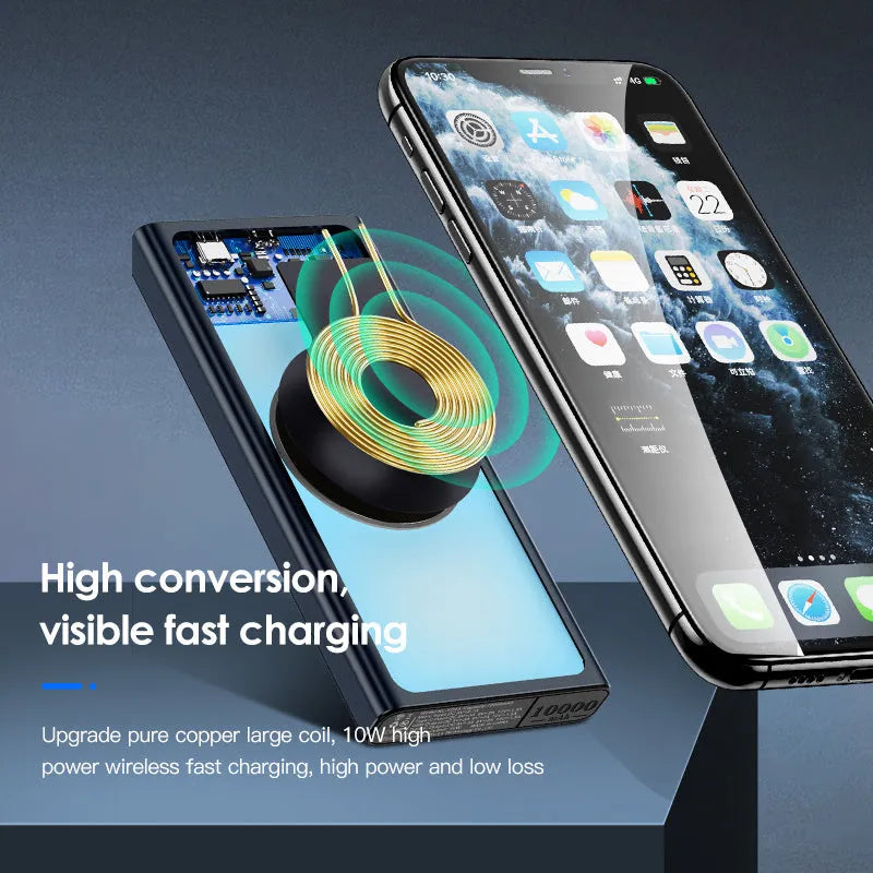 Black and blue alloy shell 10000mAh power bank with wireless charging function.