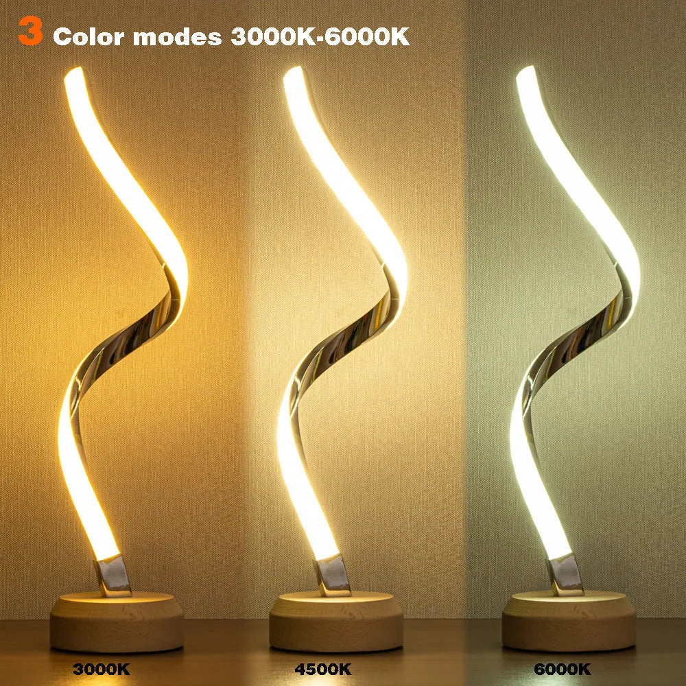Modern wood LED spiral table lamp with touch dimmer and USB power on a bedside table