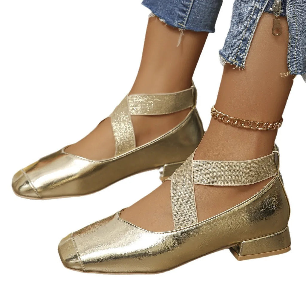 Gold French evening slip-on pumps with square toe and low heel