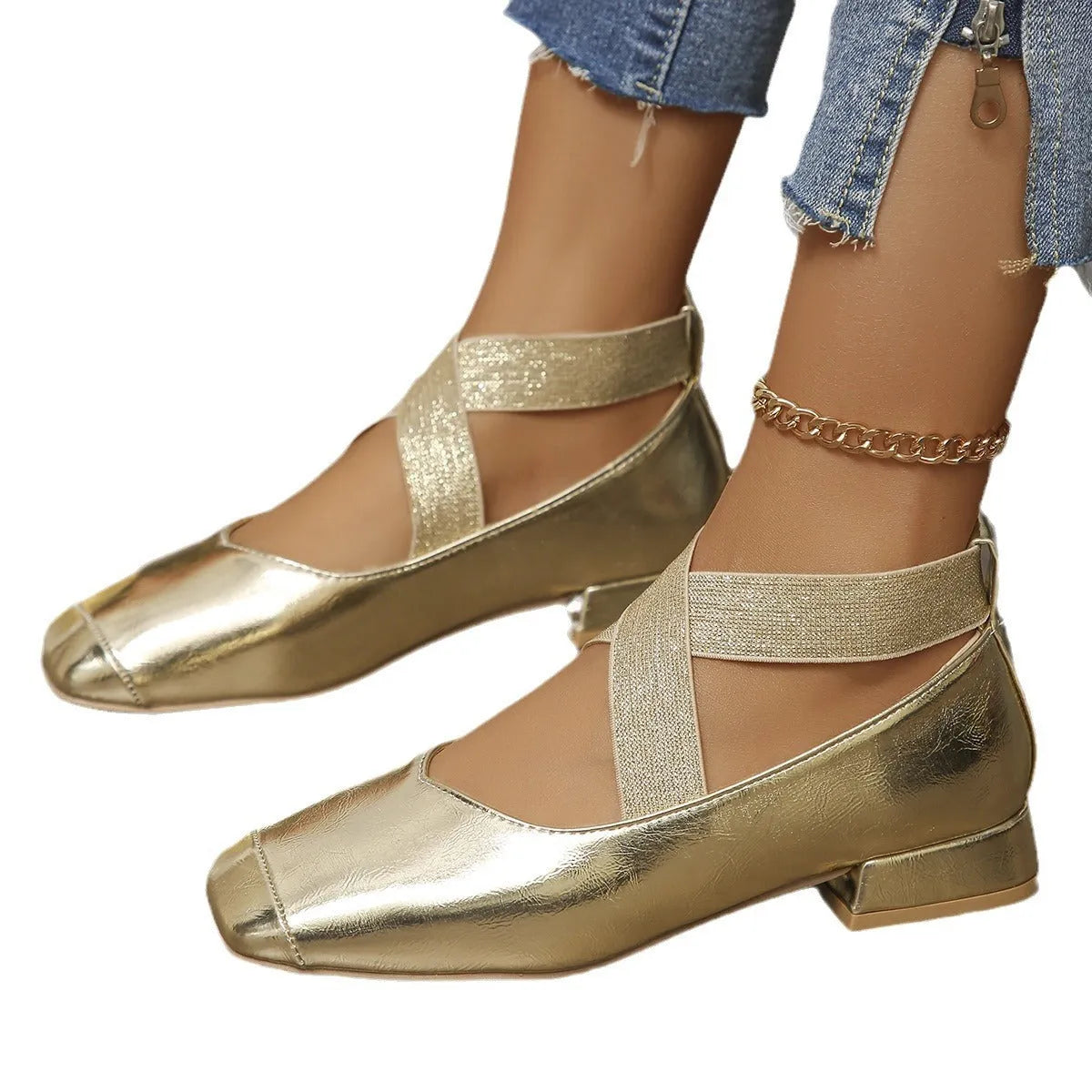 Gold French evening slip-on pumps with square toe and low heel
