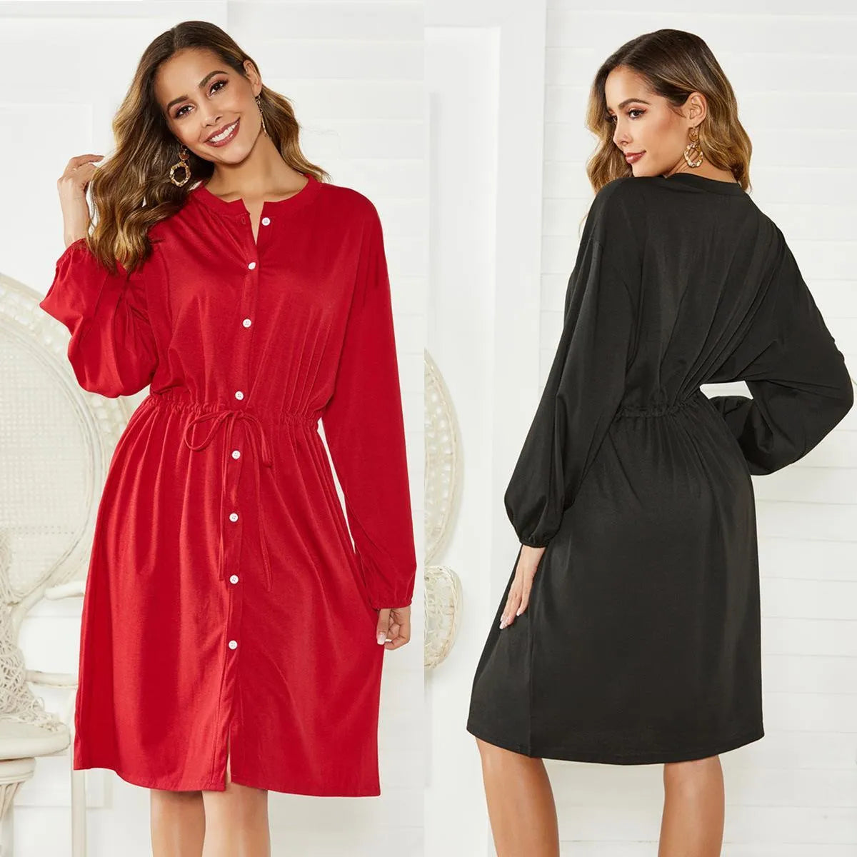 A woman wearing a red A-line midi dress with long sleeves, an elastic waist, and a cinched belt.