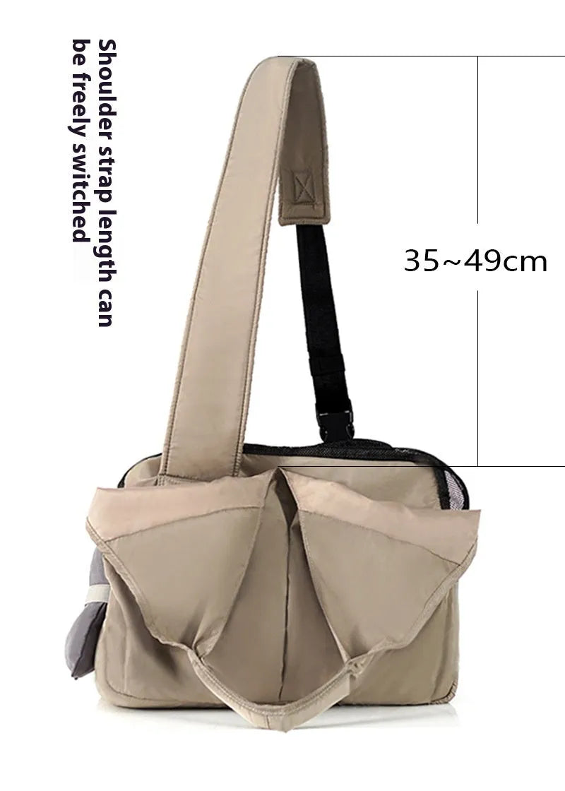Apricot-coloured cloth pet carrier handbag showing medium dimensions of 41cm width
