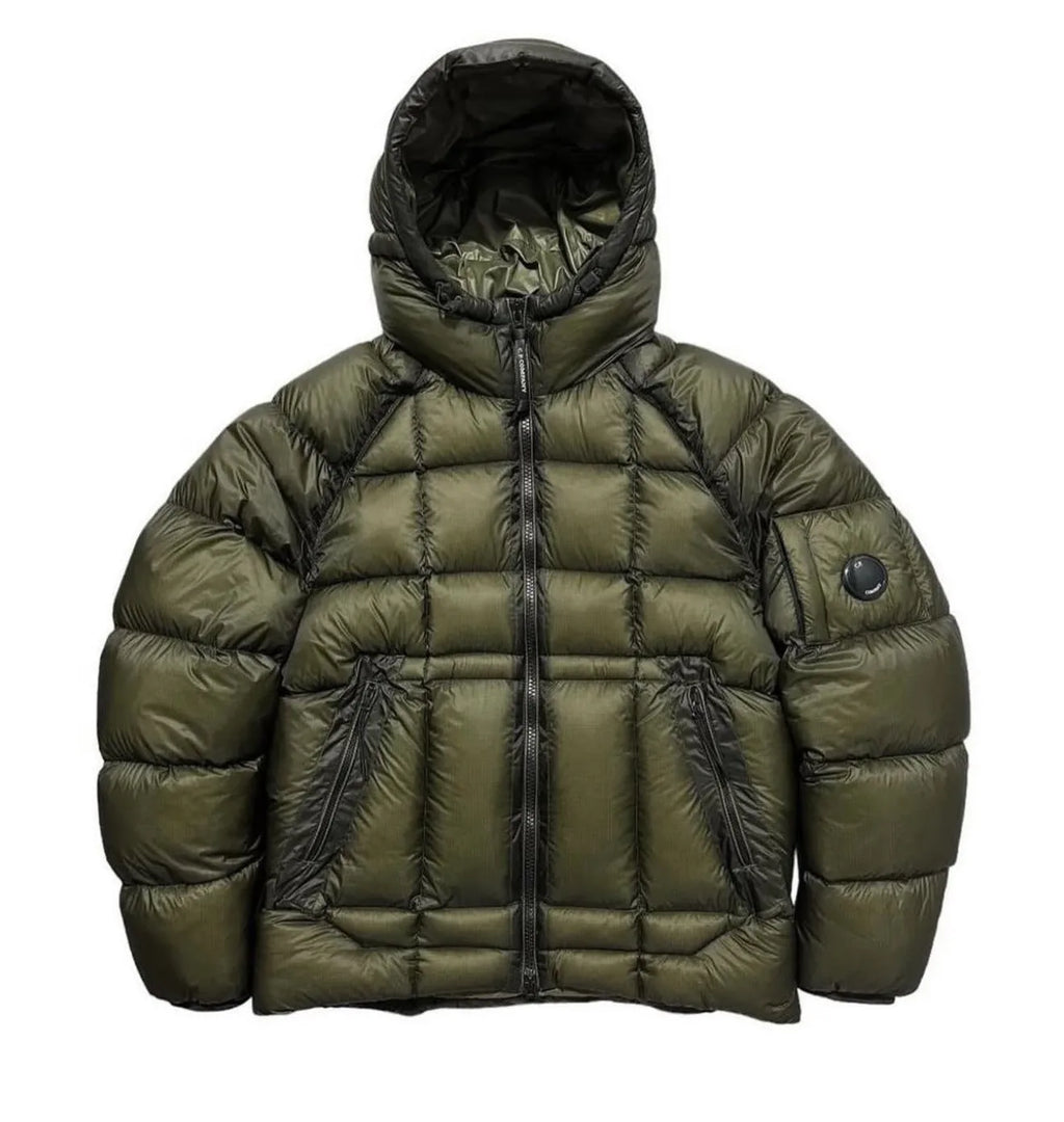 Men's winter hooded cotton coat in black with zippered pockets, plain front, and straight hem