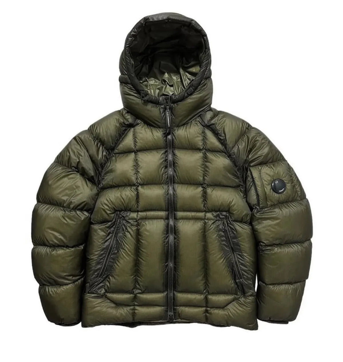 Men's winter hooded cotton coat in black with zippered pockets, plain front, and straight hem