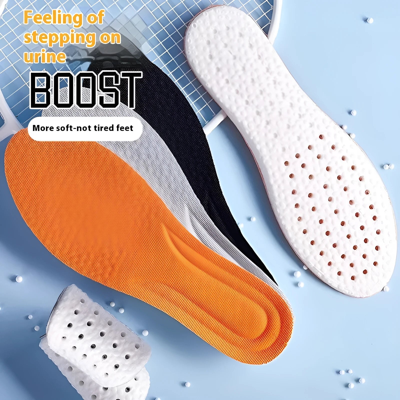 A pair of grey breathable PU foam sports insoles on a white background, showing their texture and trimmable design.