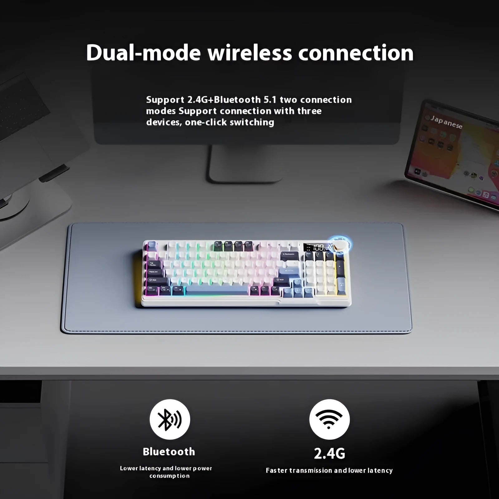 Wireless Bluetooth keyboard and mouse set with mechanical feeling keys shown in blue white colour combination
