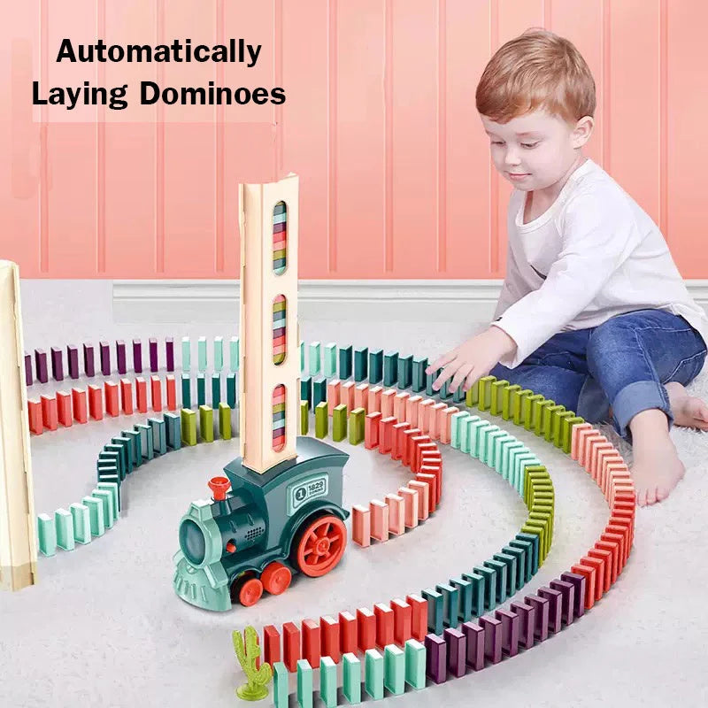 Automatic domino licensing electric train set for infants with wooden dominoes
