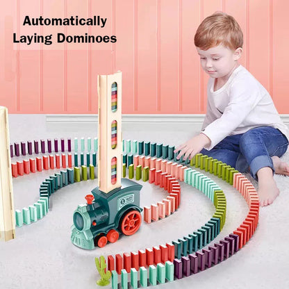 Automatic domino licensing electric train set for infants with wooden dominoes