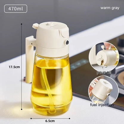 Glass oil sprayer and dispenser in various colors, featuring dual spray and pour functionality for cooking, air frying, and BBQ