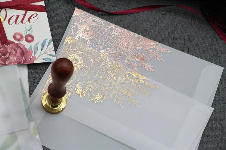 Gold and rose gold sulphuric acid paper invitation cards with bronzing matte varnish and sealing stickers