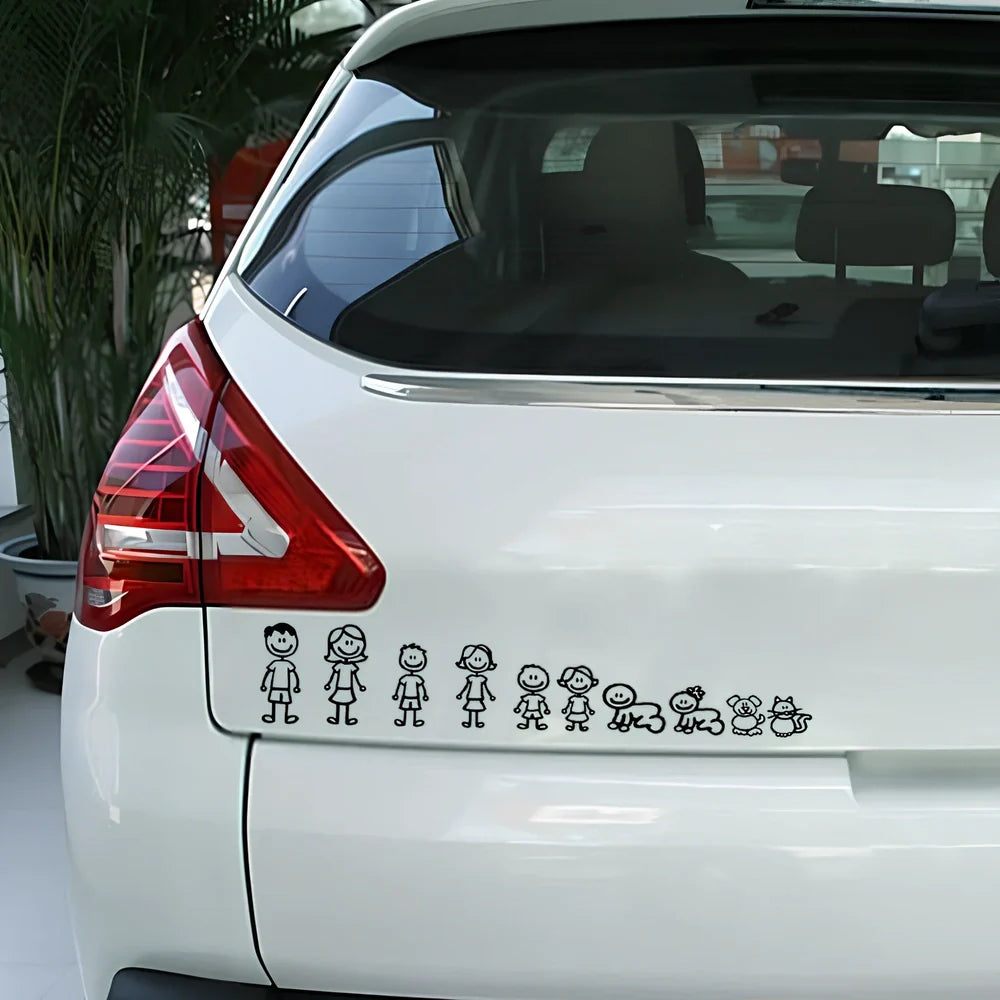 Big family cartoon car sticker measuring 38.3cm wide with black, white and laser colour options