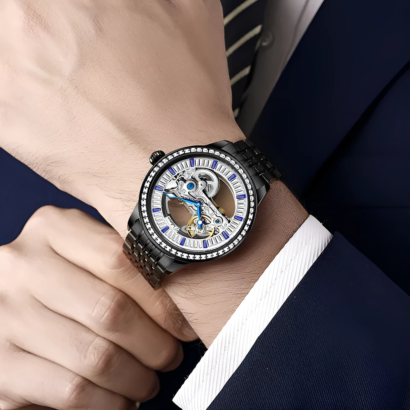Men's luxury zircon mechanical watch on wrist with rose gold stainless steel strap.