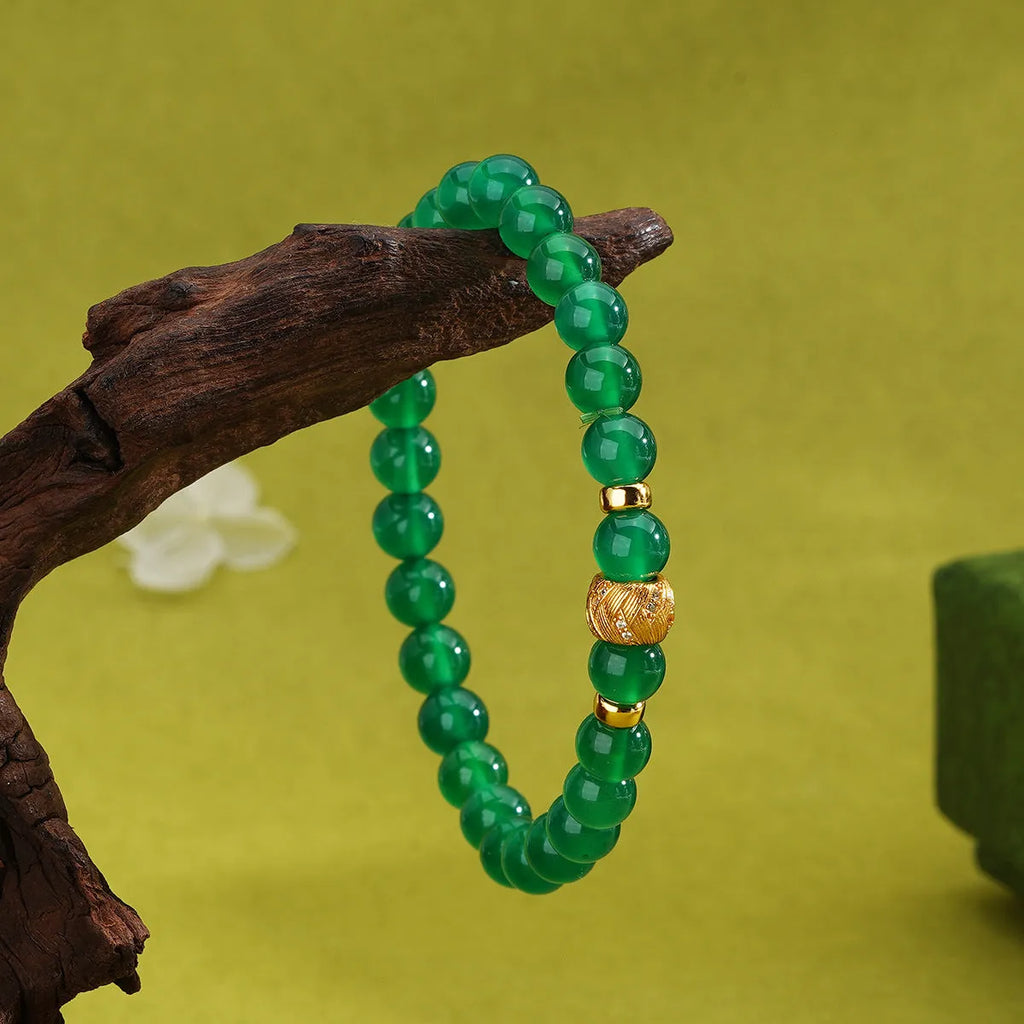 Women's green agate bracelet with geometric beads on S925 sterling silver