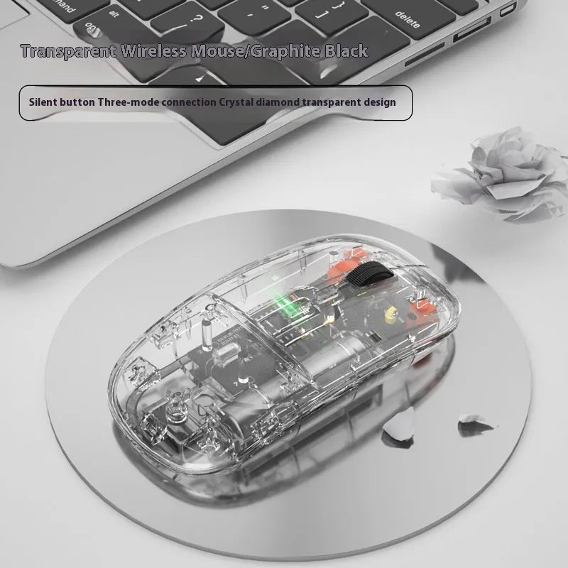 Three-mode self-charging Bluetooth mouse in silver for tablet PC and laptop with compact design
