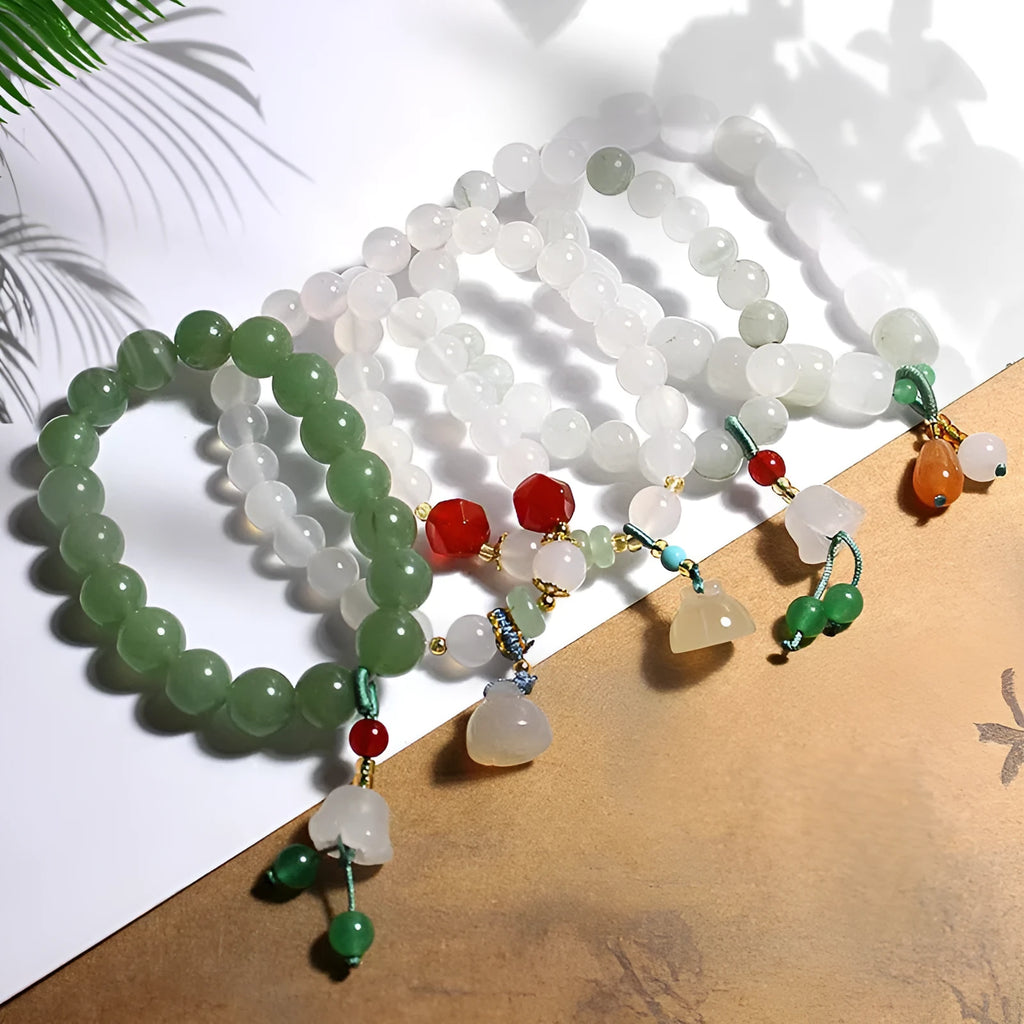 Natural white agate round beads bracelet with lotus seedpod design and Tian Shan Cui old beads