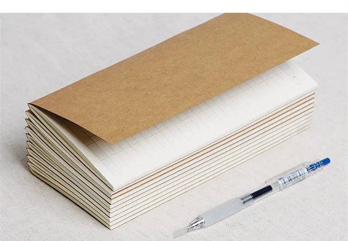 Travel cowhide diary refill inner core showing 11x21cm size and saddle stitch binding