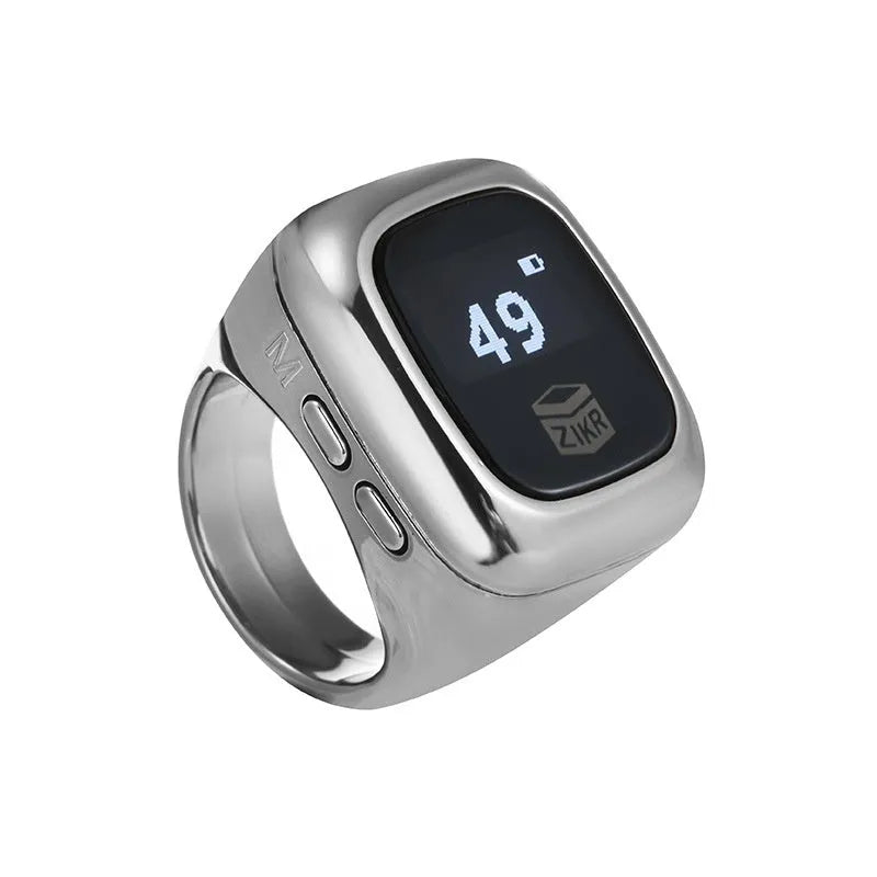 Al-fatiha Zikr electronic counter on wrist showing digital display, available in black, rose gold, silver, wine red, green.