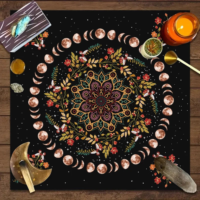 Decorative tablecloth with mandala moon phase and floral butterfly designs for tarot and board games
