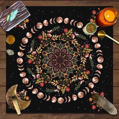 Decorative tablecloth with mandala moon phase and floral butterfly designs for tarot and board games