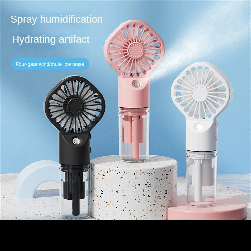 Powerful mini fan with mist humidification feature, delivering icy-cool, hydrating airflow for refreshing comfort