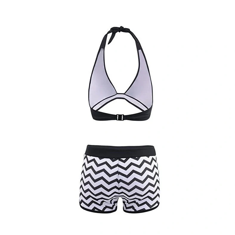Zigzag print ladies bikini swimwear with geometric pattern on 82% polyester fabric