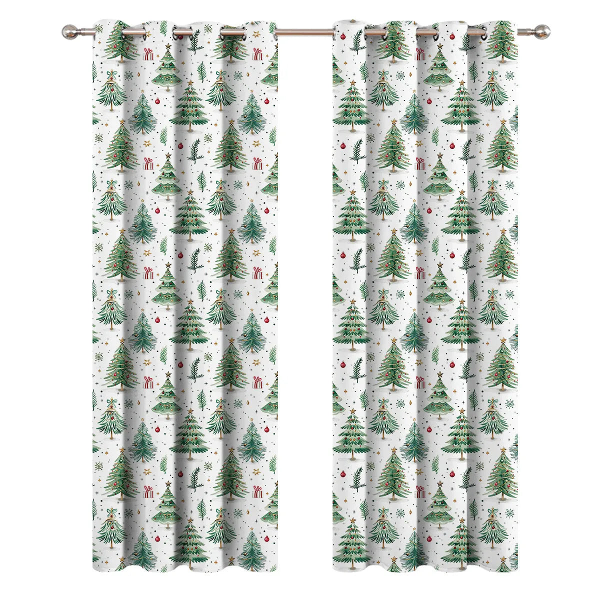 Modern Christmas Forest patterned polyester punching shading curtain hung on a window.