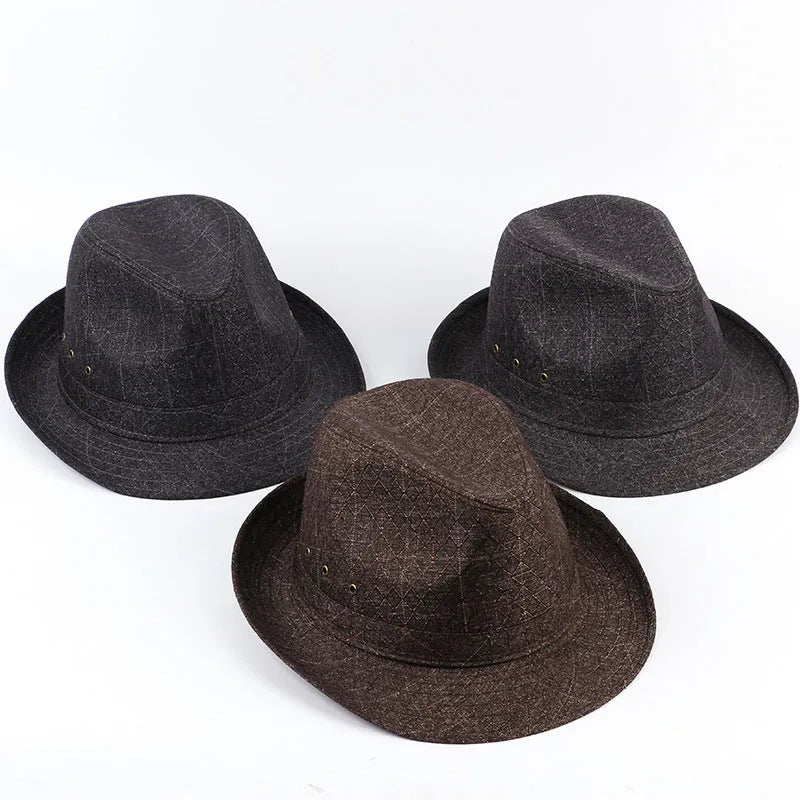 A thickened suit material fedora hat for men on a stand, shown in a dark colour.