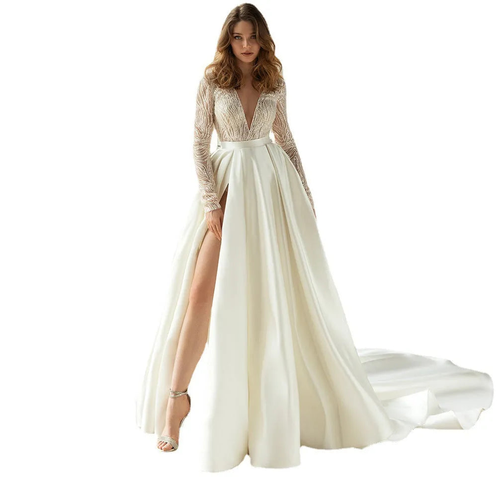 White women's long sleeve hollow-out polyester dress with mid waist and long skirt