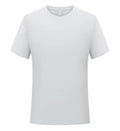 Men's solid colour loose-fit polyester t-shirt with round neck and short sleeves on a hanger.