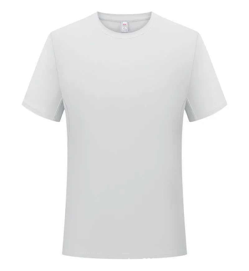 Men's solid colour loose-fit polyester t-shirt with round neck and short sleeves on a hanger.