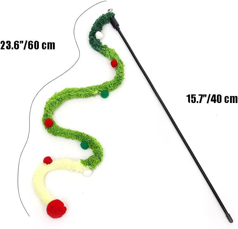 Cat teaser wand with long plush strip and colourful ball with bells for interactive indoor play