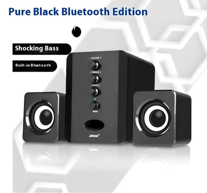 Black compact USB computer speakers set with main unit, two satellites, 1m cables, and 3.5mm port for 3W stereo audio