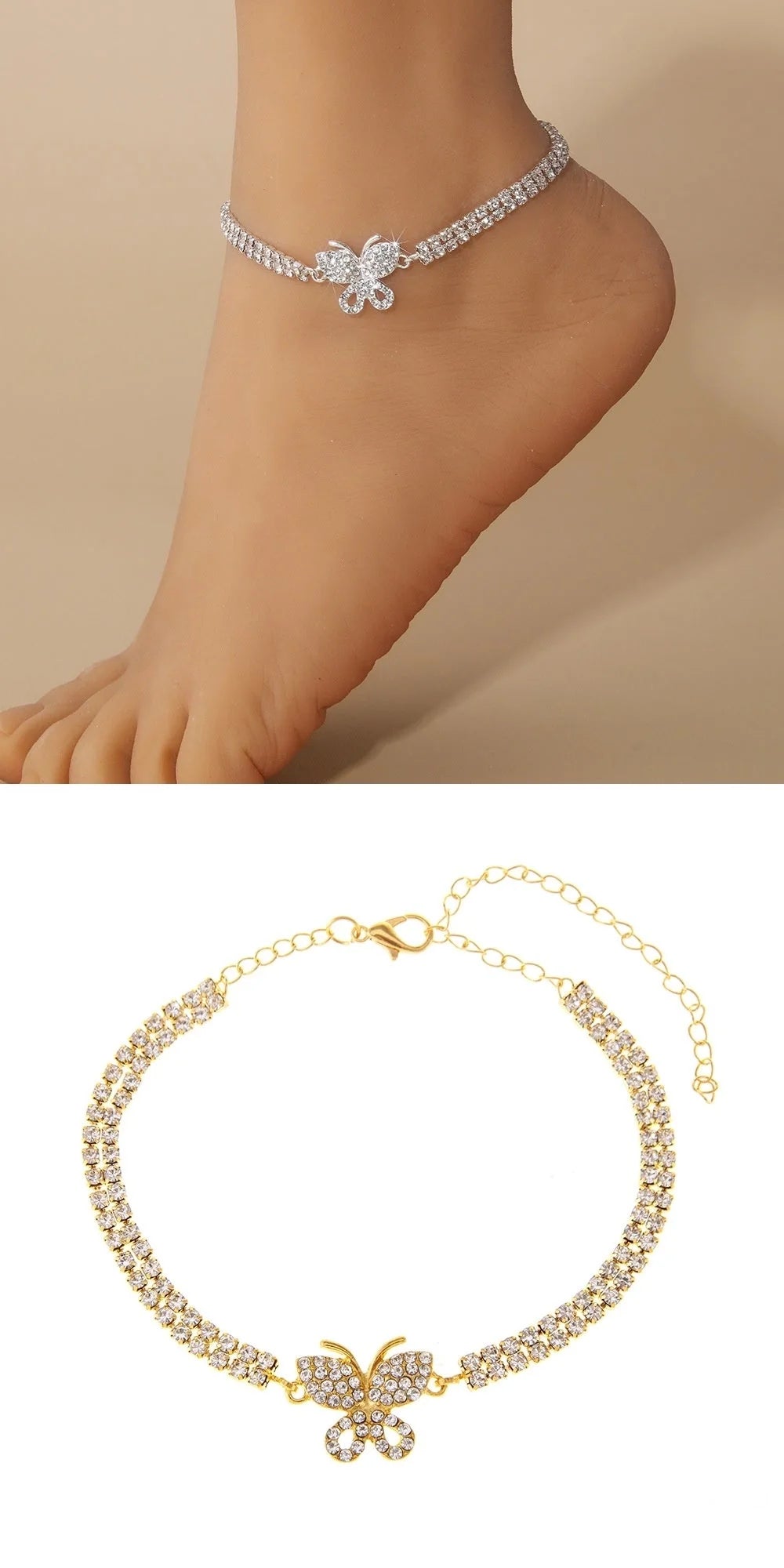 Butterfly anklet with sparkling gemstones in gold and silver options