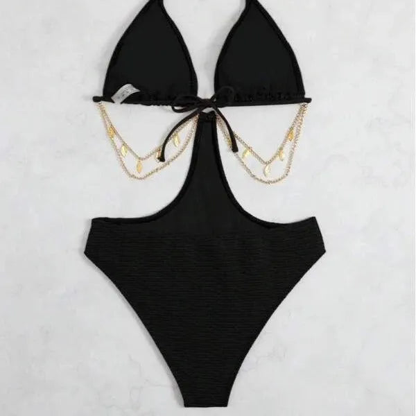 Women's black bikini swimsuit with a decorative chain detail on the front.
