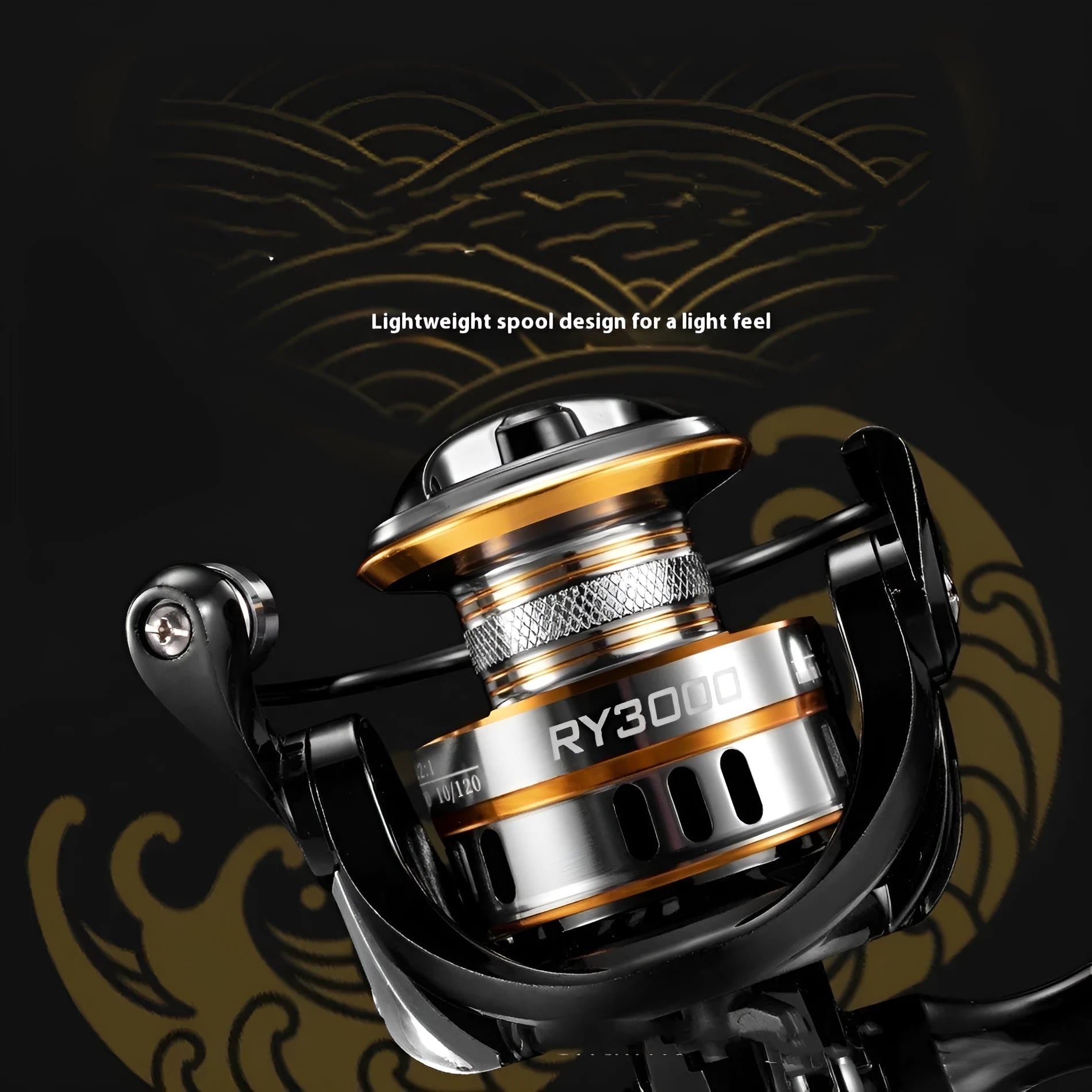 All metal spinning fishing reel with black EVA grip handle on a grey background